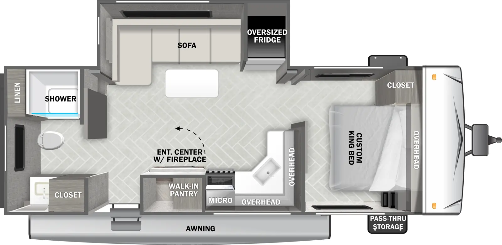 The Evo Southwest T2260 floorplan has one entry and one slide out. Exterior features include: metal exterior and 16' awning. Interiors features include: front bedroom and rear bathroom.